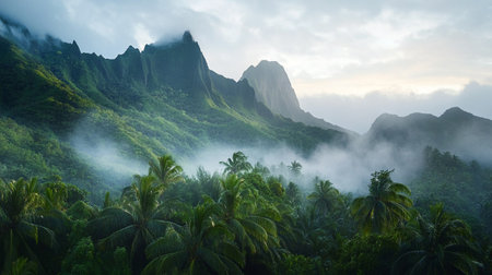 Panoramic view of the mountains in the morning mistの写真素材