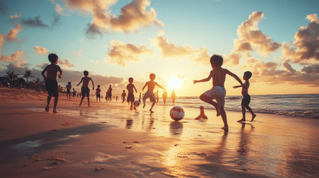 Group of children playing soccer on the beach at the sunset time.の写真素材