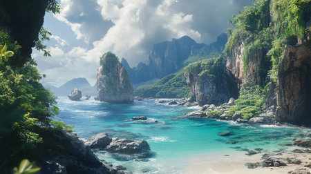 Panoramic view of turquoise water of Ao Nang beach, Krabi, Thailandの写真素材