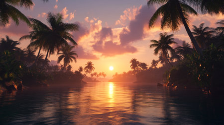 Palm trees on the bank of the river at sunset. 3d renderの写真素材