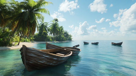 Tropical beach with palm trees and wooden boats. 3d renderの素材