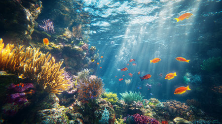 Underwater view of coral reef with fishes and corals, underwater landscapeの写真素材