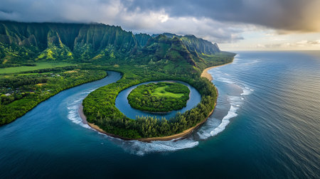 Aerial view of a beautiful island in the middle of the oceanの写真素材