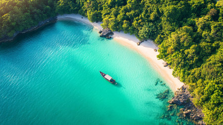 Aerial view of beautiful beach and sea with boat in paradise island for travelの写真素材