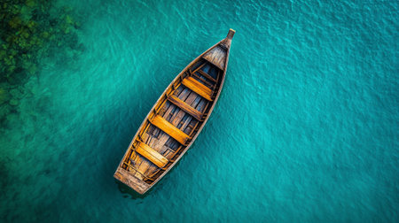 Aerial view of wooden boat on turquoise sea water.の写真素材