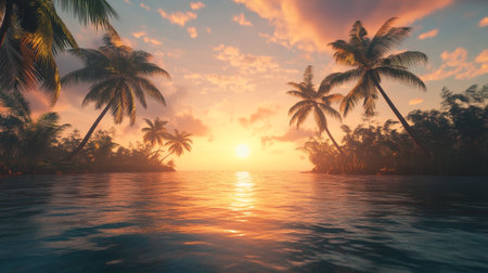 Palm trees on a tropical island at sunset. 3d renderの写真素材