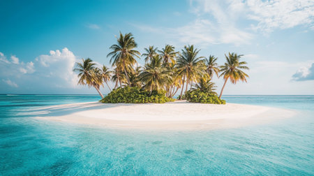 Small tropical island within atoll in the Maldives. Uninhabited and wild subtropical isle with palm trees.の写真素材