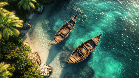 Aerial view of wooden boats in the sea. Tropical beach with palm trees.の写真素材
