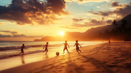 Children playing soccer on the beach at sunset. Concept of summer vacation.の写真素材