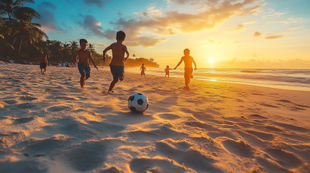 Children playing soccer on the beach at sunset time. Concept of friendly family.の写真素材