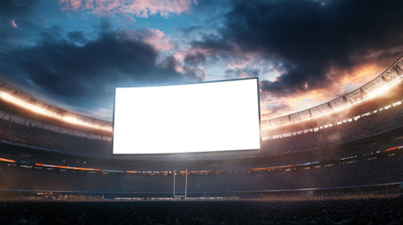 Blank billboard in football stadium at night. 3d rendering.の写真素材