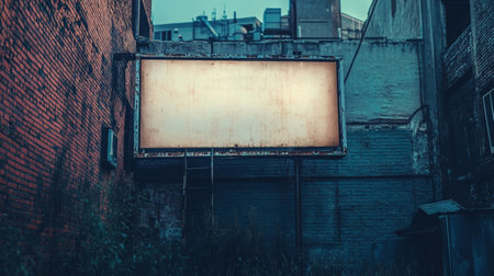 Blank billboard on a brick wall in an abandoned industrial building.の写真素材