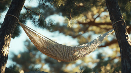 Hammock hanging on pine tree in forest, closeup viewの写真素材