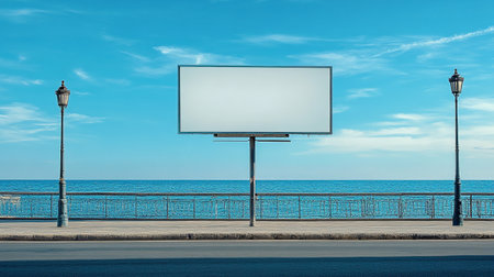 Blank billboard on the promenade by the sea in the eveningの写真素材