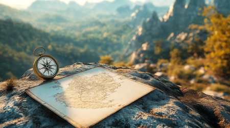 Compass and map on top of the mountain. Travel concept.の写真素材