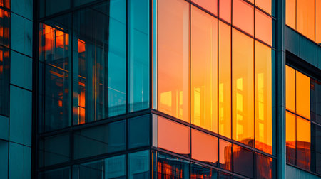 Reflection in windows of modern office building at sunset. Business backgroundの写真素材
