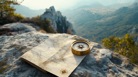 compass and notebook on the rock in the mountains, travel conceptの写真素材