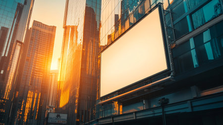 Blank billboard in the city at sunset. Concept of advertising.の写真素材