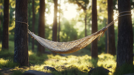 Hammock in the forest at sunset. Summer vacation concept.の写真素材