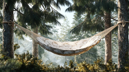 Hammock in a pine forest on a foggy day.の写真素材