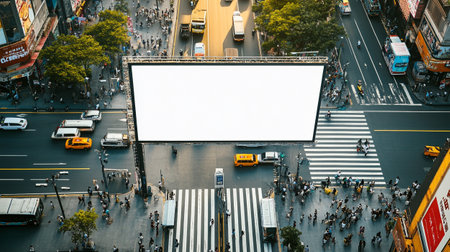 Top view of busy street with traffic and big blank billboard for advertisementの写真素材