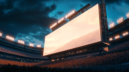 Blank billboard on the football stadium at night, 3d renderの写真素材