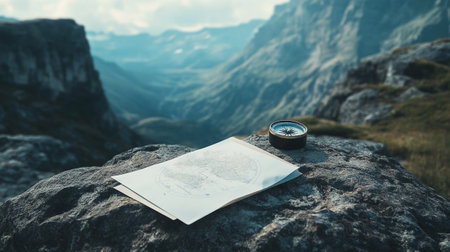 compass and map on the top of the mountain, travel conceptの素材