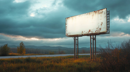 Blank billboard on a rural road with dramatic sky in the backgroundの写真素材