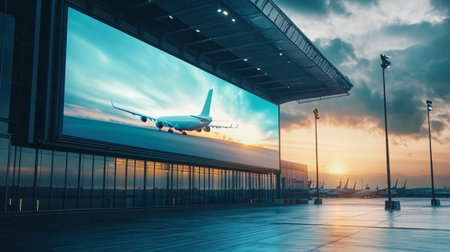 Airplane in airport terminal at sunset. Travel and transportation concept.の写真素材