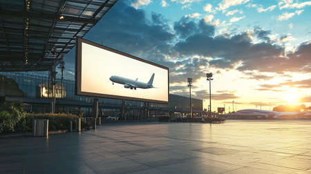 Blank billboard in airport terminal at sunset. 3d rendering.の写真素材