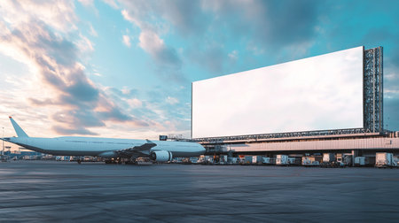 Blank billboard with airplane in the airport at sunset. 3d rendering.の写真素材