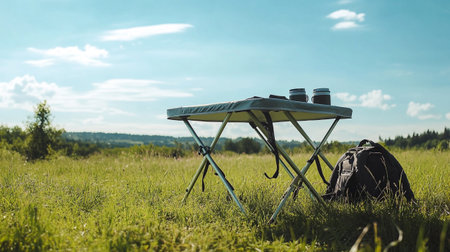 Camping in the meadow. Picnic table, binoculars and backpack.の写真素材