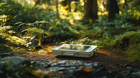 Old laptop on the ground in the forest. The concept of technology.の素材