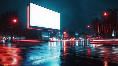 Blank billboard on the city street at night with lights and trafficの写真素材