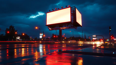 Blank billboard on the road in the city at night time.の写真素材