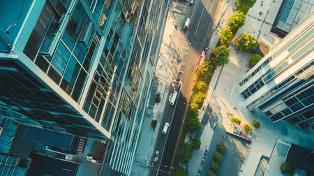 Aerial view of a modern city with skyscrapers and buildingsの写真素材