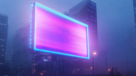 Blank billboard on city street at night with fog and light effectsの写真素材