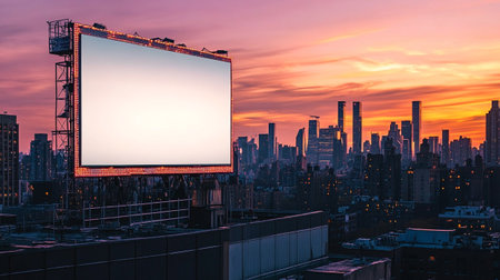 Blank billboard on the city at sunset background. 3d renderingの写真素材