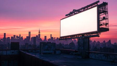 Blank billboard on the rooftop with cityscape background at sunset.の写真素材
