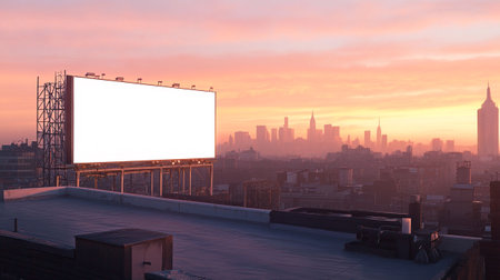 Blank billboard on rooftop with cityscape in background at sunset.の素材