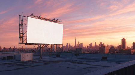 Blank billboard on the roof with cityscape background at sunset.の写真素材