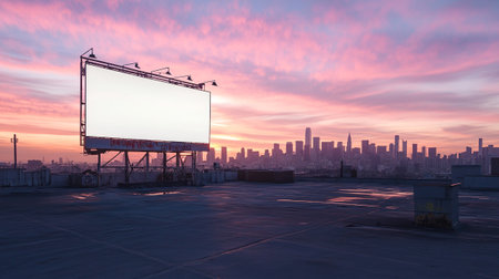 Blank billboard on the roof with cityscape background at sunset.の写真素材