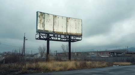 Abandoned billboard on the road with an overcast sky.の写真素材