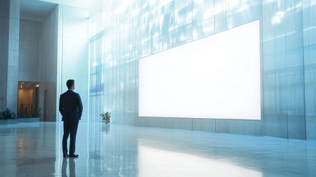 Businessman looking at blank billboard in office lobby. 3D renderingの写真素材