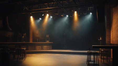 Empty stage with spotlights in the dark, 3d rendering.の写真素材