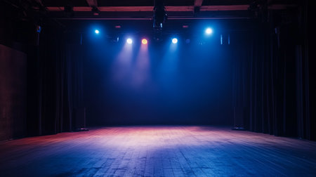 Empty stage with spotlights and smoke. Stage lights. Stage backgroundの写真素材
