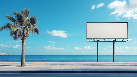 Blank billboard on the beach and palm tree. 3d renderingの写真素材
