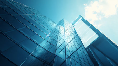 3d render of modern skyscrapers in business district with blue skyの写真素材