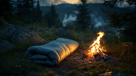 Camping by the fire in the mountains at night. Camping conceptの写真素材