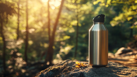 Metal thermos on a rock in the forest. Sport and healthy lifestyle concept.の写真素材